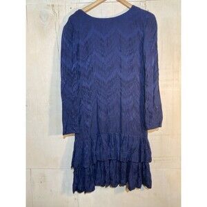 Vintage 90s Ruffle Hem Dress Women Sz 14 Blue Silk Long Sleeve Jacquard Cocktail